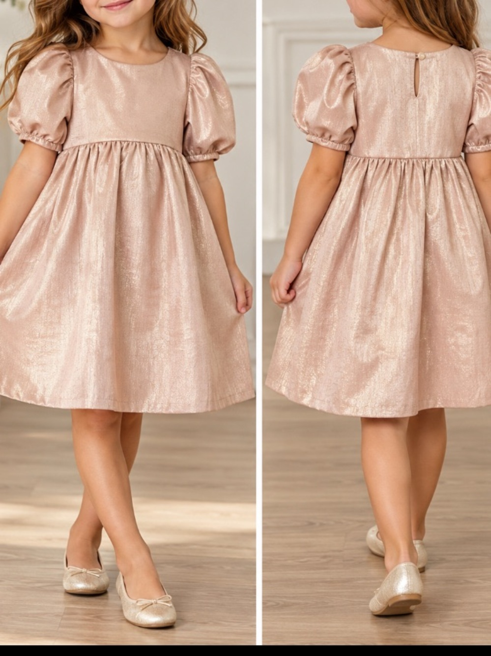 Zara Girls' Shimmer Puff-Sleeve Party Dress - Blush Pink